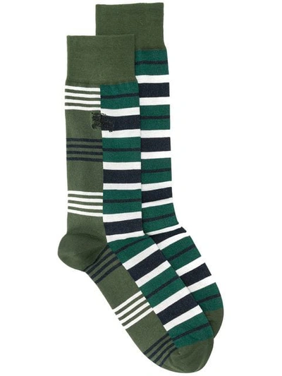 Shop Burberry Striped Socks In Dark Olive