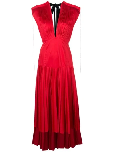 Shop Khaite V Neck Pleated Dress In Currant