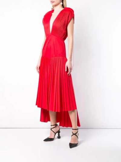 Shop Khaite V Neck Pleated Dress In Currant