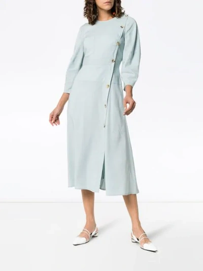 Shop Rejina Pyo Button Down Linen Midi Dress In Blue