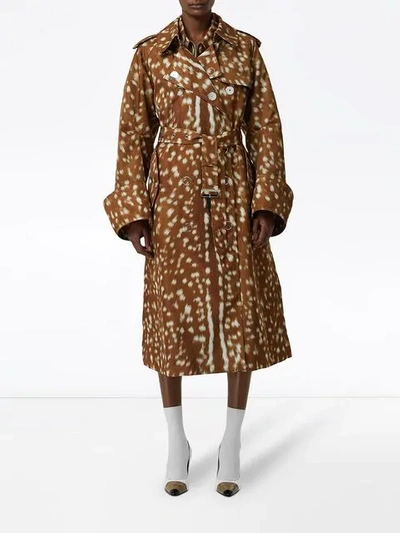 Burberry Exaggerated Cuff Deer Print Nylon Trench Coat In Brown | ModeSens