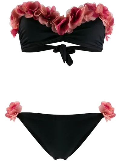 Shop La Reveche Floral Ruffle Trim Bikini In Black