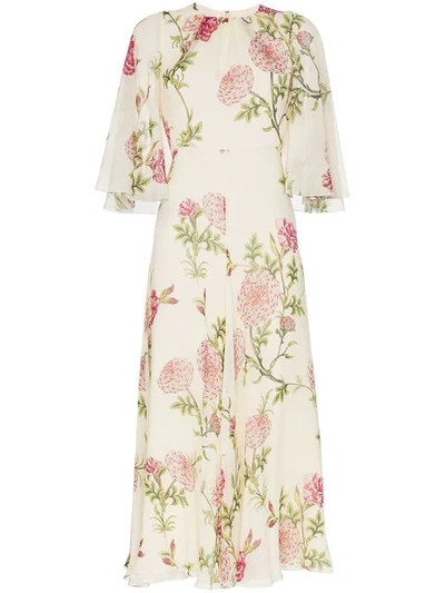 Shop Giambattista Valli Silk Wide Sleeve Floral Midi Dress In Neutrals