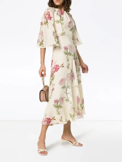 Shop Giambattista Valli Silk Wide Sleeve Floral Midi Dress In Neutrals