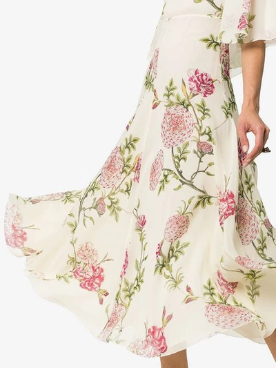 Shop Giambattista Valli Silk Wide Sleeve Floral Midi Dress In Neutrals