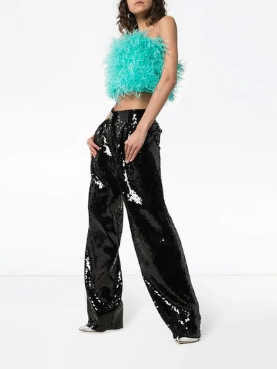 Shop Attico Ostrich Feather Cropped Bustier In Blue