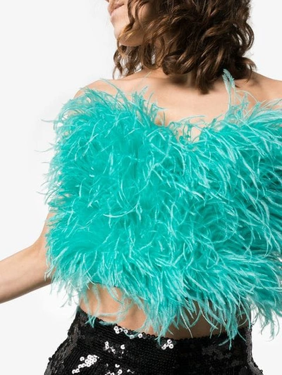 Shop Attico Ostrich Feather Cropped Bustier In Blue