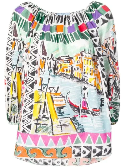 PRADA OFF-THE-SHOULDER VENICE PRINT BLOUSE - 绿色