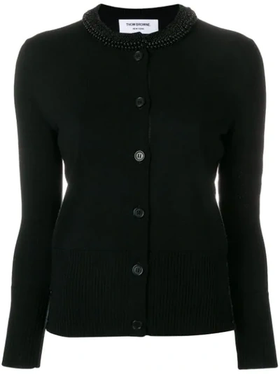 Shop Thom Browne Pearl Applique Wool Crewneck Cardigan In Black