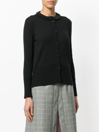 Shop Thom Browne Pearl Applique Wool Crewneck Cardigan In Black