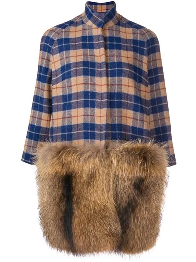 fur-panelled plaid coat