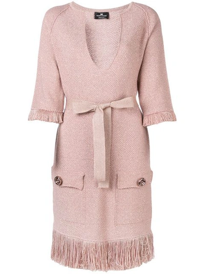 Shop Elisabetta Franchi Sparkly Knit Fringed Dress In Pink
