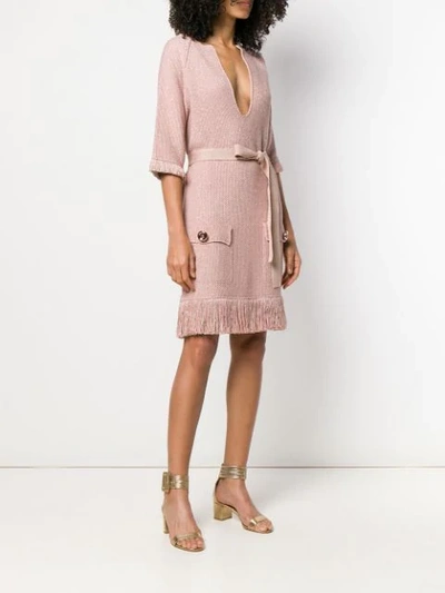 Shop Elisabetta Franchi Sparkly Knit Fringed Dress In Pink