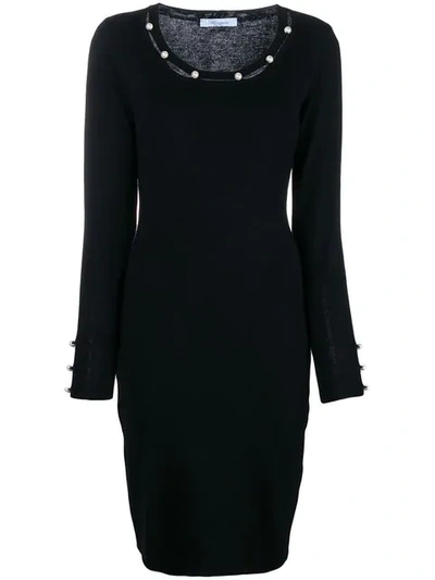 Shop Blumarine Pearl Embellished Fitted Dress In Black