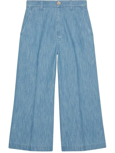 Shop Gucci Embroidered Denim Culotte Pant In Blue