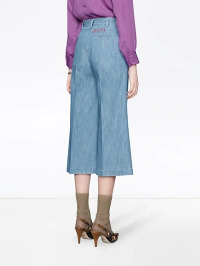 Shop Gucci Embroidered Denim Culotte Pant In Blue