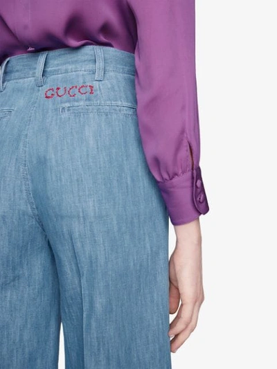 Shop Gucci Embroidered Denim Culotte Pant In Blue