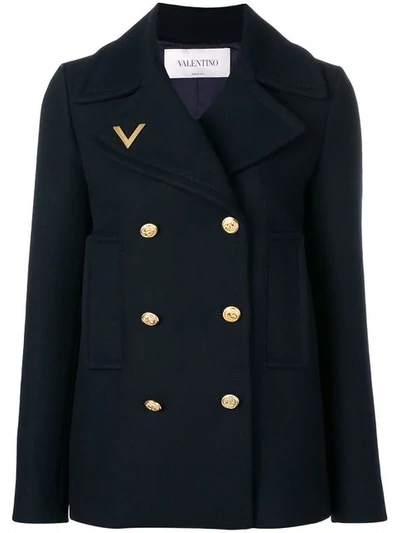 Shop Valentino Logo Embroidered Peacoat In Blue