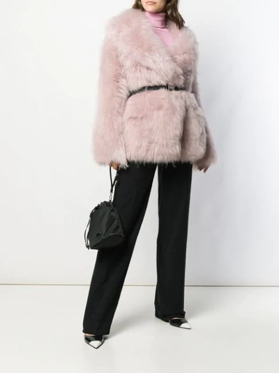 Shop Prada Belted Goat Fur Jacket In F0d61 Camelia