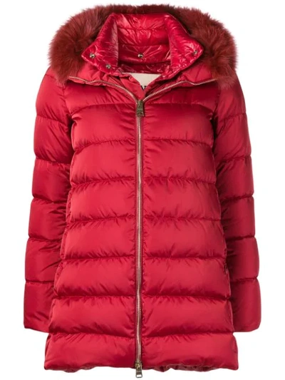 Shop Herno Fur Trimmed Padded Coat In 6450 Rosso