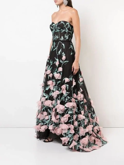 Shop Marchesa Notte Long Floral Dress In Black ,pink