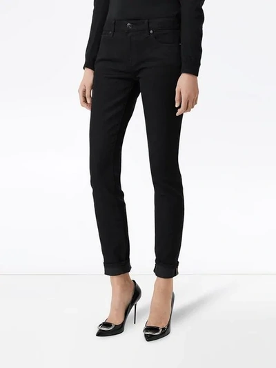 Shop Burberry Check Detail Skinny Fit Japanese Denim Jeans In Black