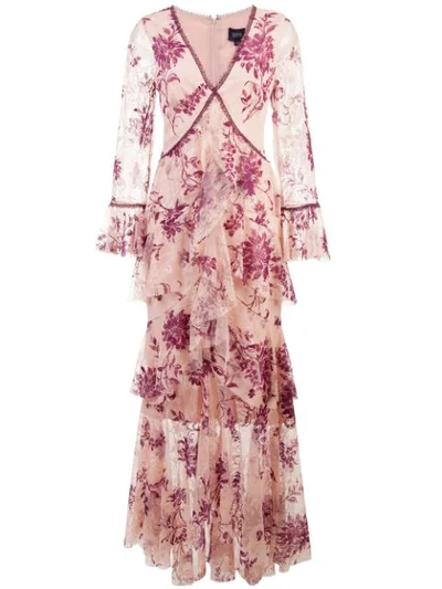 Shop Marchesa Notte Plunge Neck Flocked Lace Gown In Pink