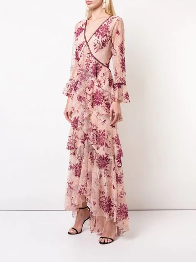 Shop Marchesa Notte Plunge Neck Flocked Lace Gown In Pink