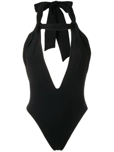 Shop Saint Laurent Draped T Halterneck Swimsuit In Black