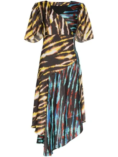 Shop House Of Holland Printed Asymmetric Midi Dress In Black And Yellow Multi