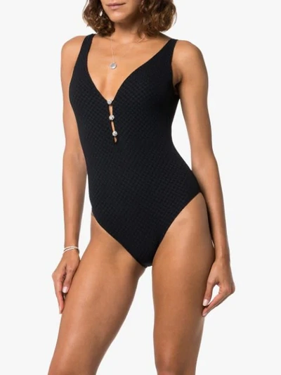 Shop Leslie Amon Rita Crystal-embellished Swimsuit In Black