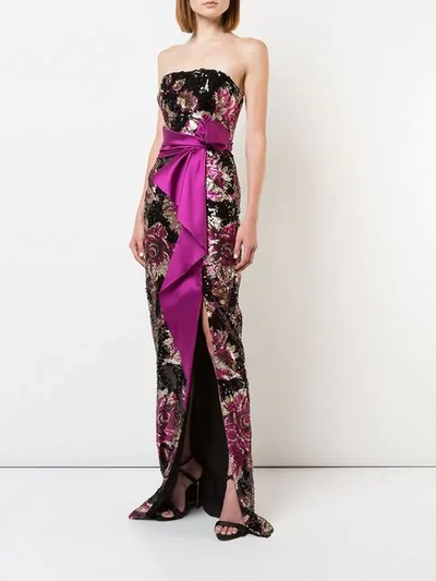 Shop Marchesa Notte Strapless Sequined Peony Gown In Black