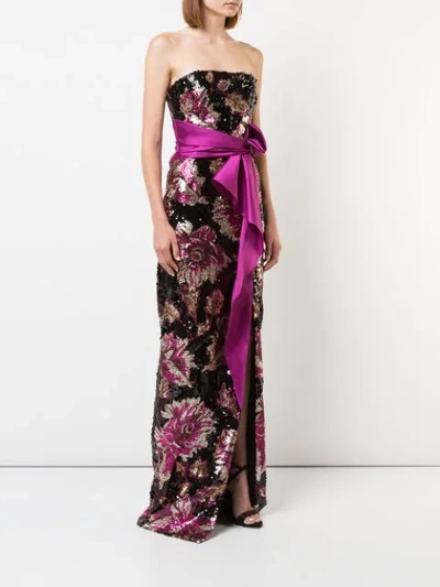 Shop Marchesa Notte Strapless Sequined Peony Gown In Black