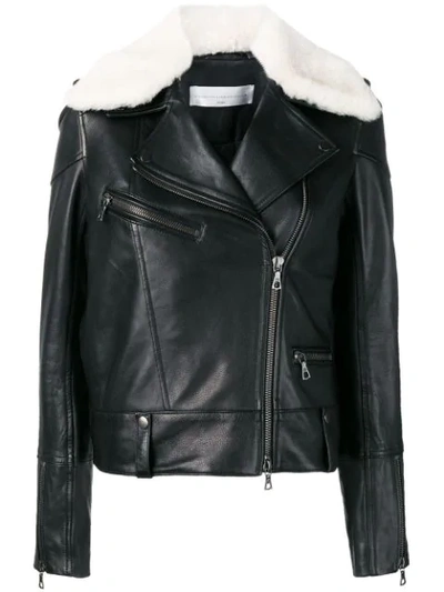 Shop Victoria Victoria Beckham Shearling Collar Biker Jacket In Black