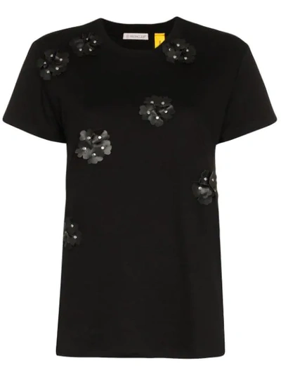 Shop Moncler Studded Floral Cotton T-shirt In Black