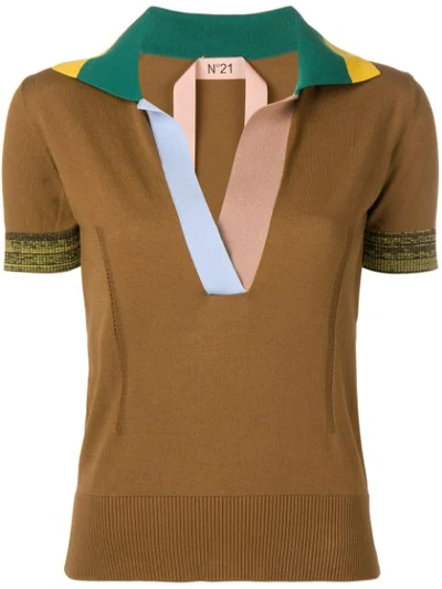 Shop N°21 Colourblock Knitted Polo Top In Brown