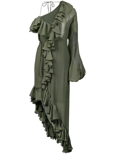 Shop Juan Carlos Obando Asymmetric Ruffled Dress In Green