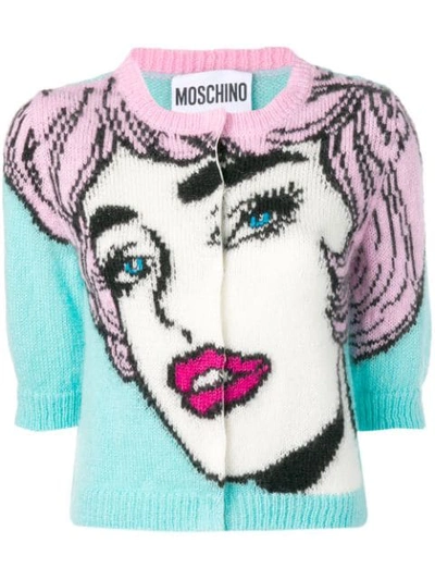 Shop Moschino Face Pattern Cardigan In Blue