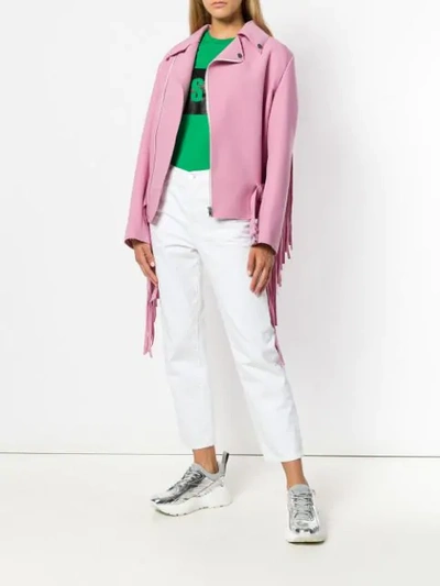 Shop Msgm Fringe Biker Jacket In Pink