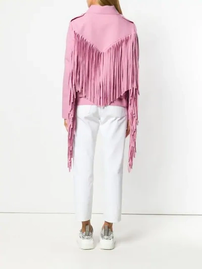 Shop Msgm Fringe Biker Jacket In Pink