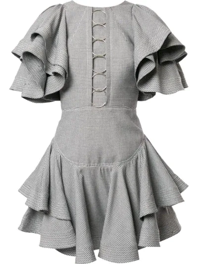 Shop Acler Houndstooth Ruffled Mini Dress In Grey