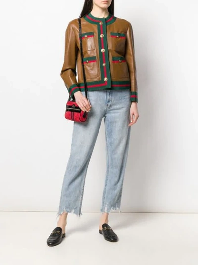 Shop Gucci Web Trim Leather Jacket In Brown