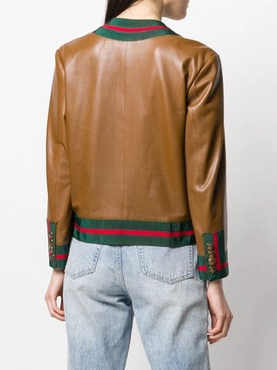 Shop Gucci Web Trim Leather Jacket In Brown