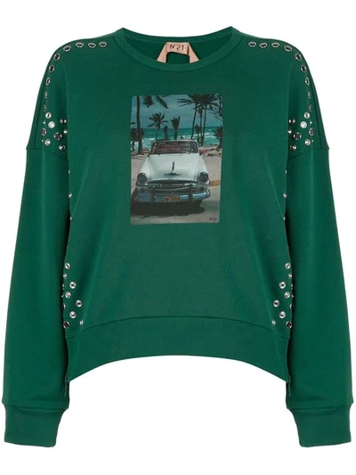 Shop N°21 Snap Studded Photographic Sweatshirt In Green