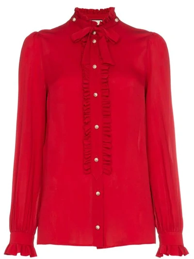 Shop Gucci Silk Ruffle Front Blouse In Red