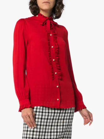 Shop Gucci Silk Ruffle Front Blouse In Red