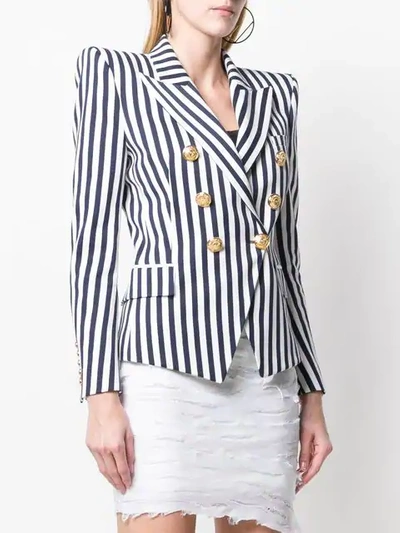 Shop Balmain Striped Double Breasted Blazer In Blue