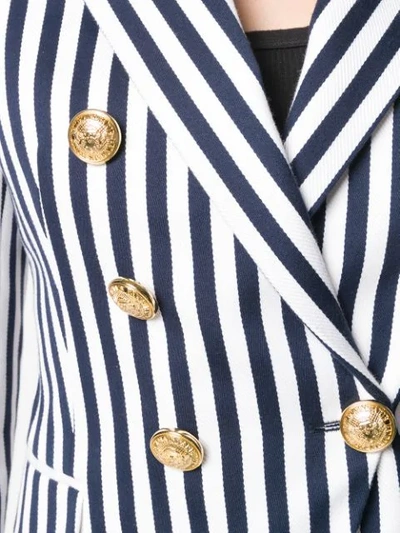 Shop Balmain Striped Double Breasted Blazer In Blue