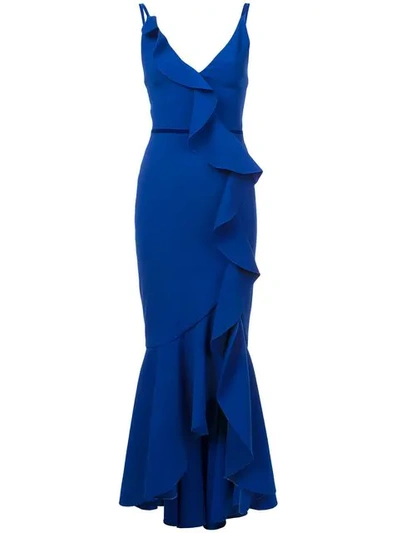 Shop Marchesa Notte V-neck Crepe Gown In Blue