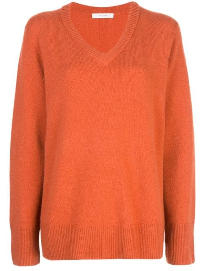 Fine Knit V neck Sweater In Orange